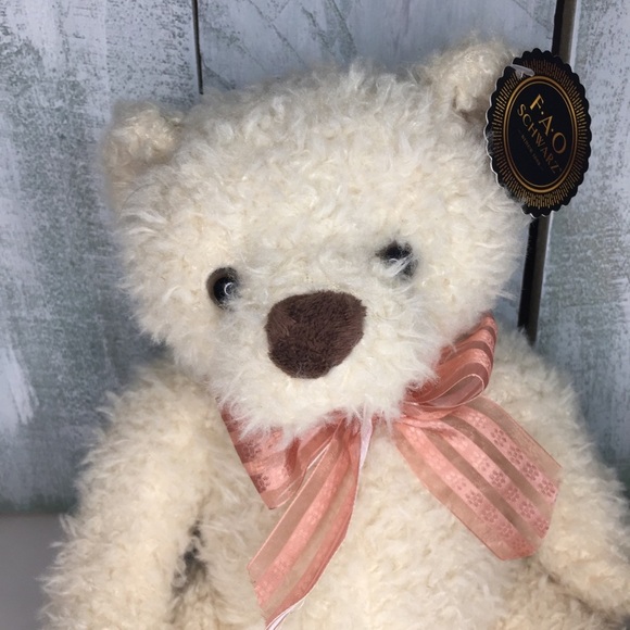 FAO Schwarz Fuzzy Plush Cream Teddy Bear 12”Stuffed Animal Peach Ribbon NWT - Picture 2 of 6
